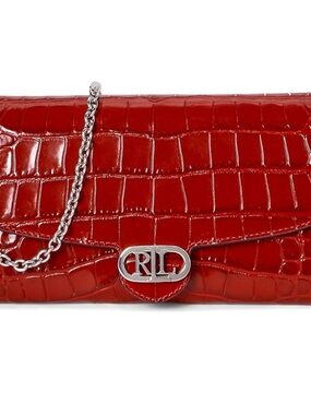 Ralph Lauren Glossy Red Croc-Embossed Chain Clutch